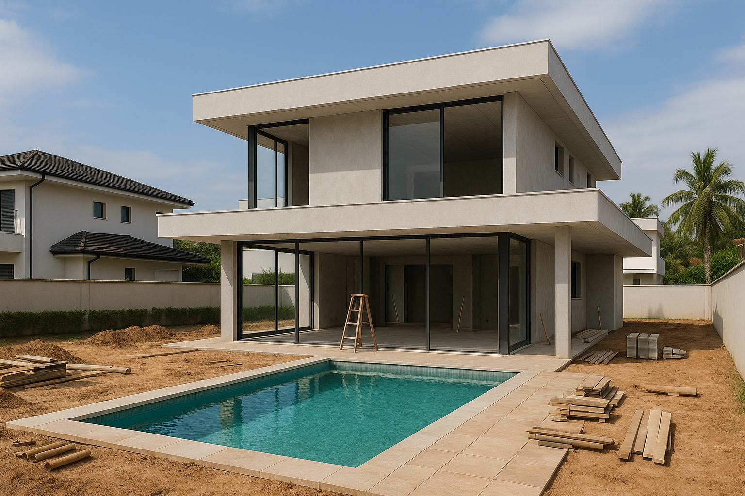 Projeto arquitetônico de uma casa moderna sendo construída em um terreno em condomínio fechado no Guarujá.